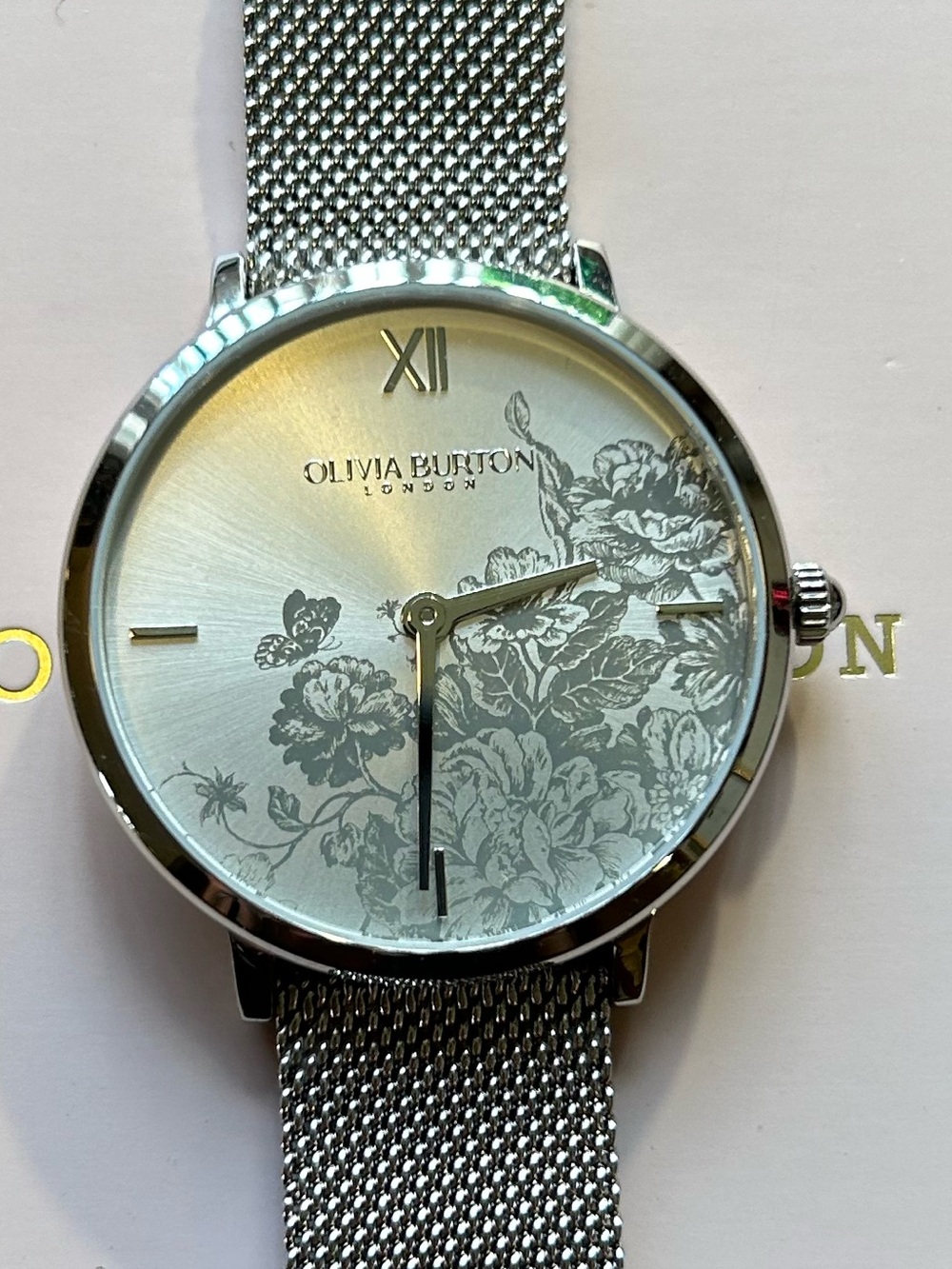 Olivia Burton Floral Blooms Watch With 35mm Silver Floral Face & MeshBracelet